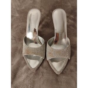 Gianni Bini Rhinestone Heels Slides Sandals Silver 6.5